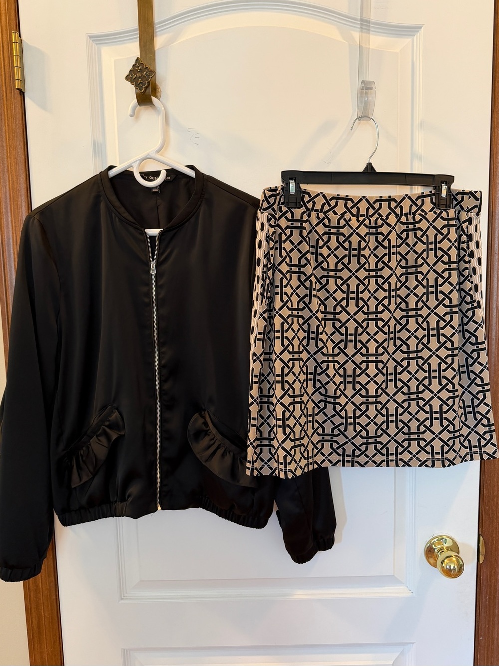 SET! Black Satin Bomber Jacket & Geometric Print Skirt Black and Beige